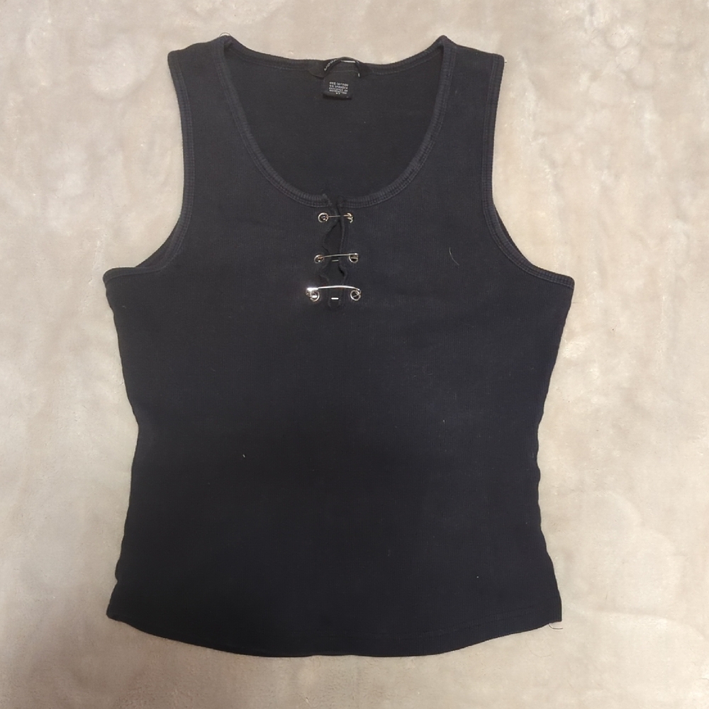Moda International Black Tank Top with Metal Safety Pins Accents